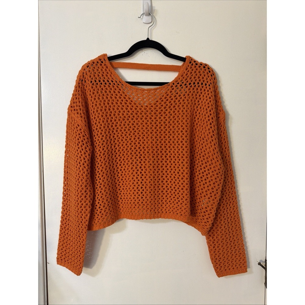 Crochet Open Knit Pullover Cropped Sweater Orange Sz L‎ Cottagecore Boho Y2K